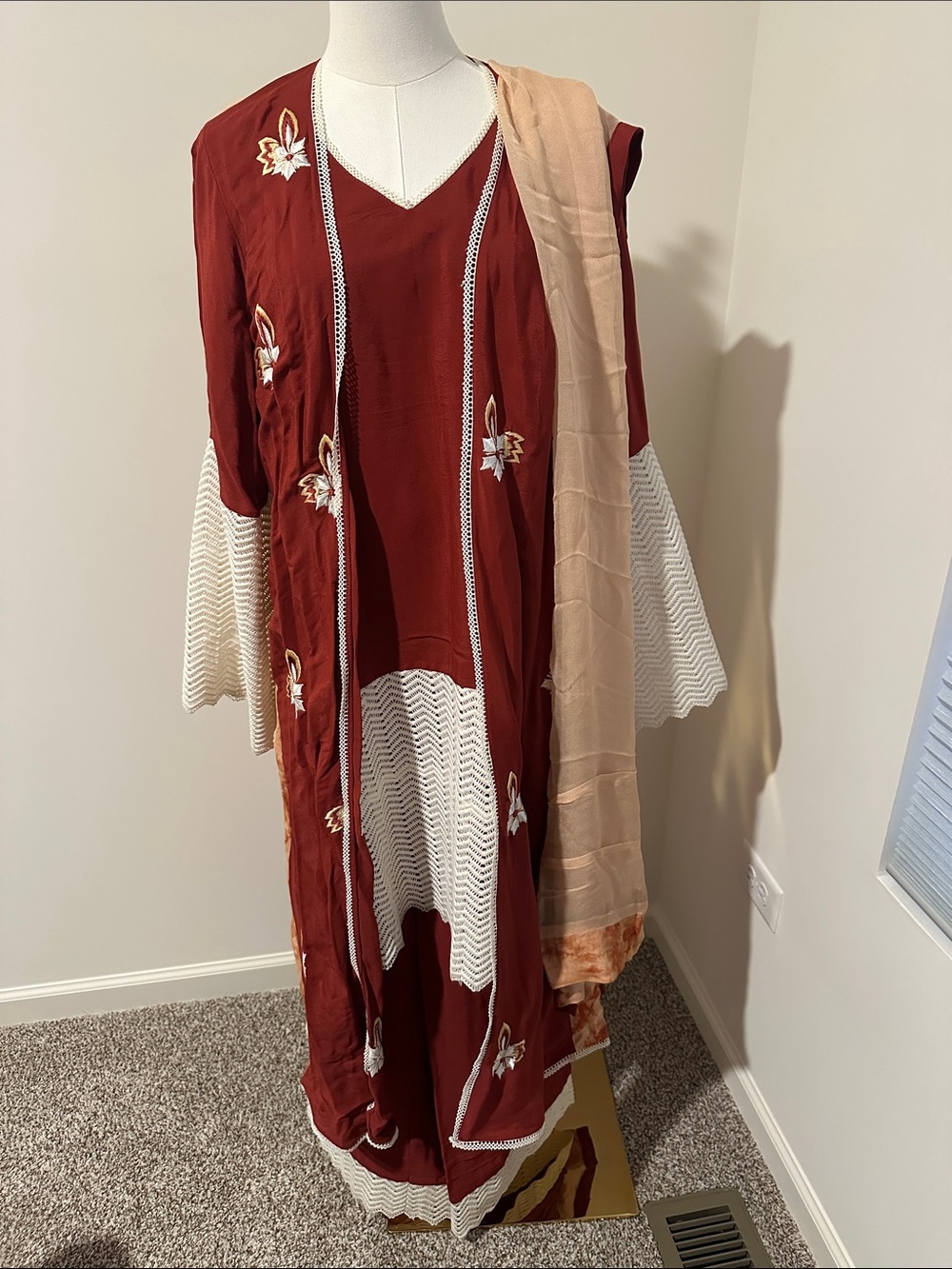 Women’s Maroon Embroidered Kurta Set with Beige Dupatta